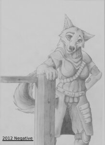 Rating: Safe Score: 0 Tags: armor canid canine clothing e621 female greyscale hi_res looking_at_viewer mammal monochrome simple_background solo tail the_negative User: bunchy7s