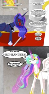 Rating: Questionable Score: 0 Tags: 2012 blood blue_hair bodily_fluids comic crown dialogue duo e621 english_text equid equine feathered_wings feathers female feral friendship_is_magic green_eyes hair hasbro headgear hi_res highlander_(film) horn inside levitation long_hair magic mammal melee_weapon multicolored_hair my_little_pony mythological_creature mythological_equine mythology parody princess princess_celestia_(mlp) princess_luna_(mlp) royalty simple_background sword text tiberius_(artist) weapon winged_unicorn wings User: bunchy7s