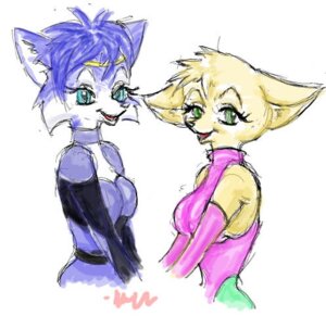 Rating: Safe Score: 0 Tags: anthro blue_body blue_fur blue_hair canid canine duo e621 fara_phoenix female fox fur hair krystal_(star_fox) low_res mammal nintendo puffballzeri smile star_fox white_body white_fur User: bunchy7s