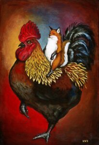 Rating: Safe Score: 0 Tags: avian avian_caruncle beak biped bird canid canine chicken comb_(anatomy) dewlap_(anatomy) duo e621 feathers female feral fox galliform head_crest henry_schreiber hi_res humor male mammal overweight painting_(artwork) phasianid pun riding slightly_chubby straddling tail traditional_media_(artwork) visual_pun warm_colors wattle User: bunchy7s