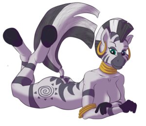 Rating: Questionable Score: 0 Tags: 2013 anthro anthrofied biped e621 equid equine female friendship_is_magic fur green_eyes grey_body grey_fur hasbro jewelry lying mammal my_little_pony nude oclao on_front piercing raised_tail simple_background solo stripes tail white_background zebra zecora_(mlp) User: bunchy7s
