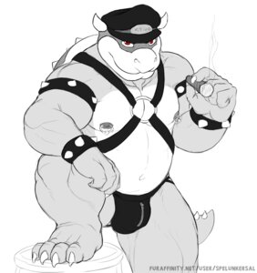 Rating: Questionable Score: 0 Tags: 2012 4_toes 5_fingers anthro anthrofied barazoku bdsm belly biceps big_muscles biped bondage_gear bowser bowser_day bracelet bulge cigar claws clothed clothing digitigrade e621 english_text feet fingers front_view harness hat headgear headwear hindpaw horn jewelry jockstrap koopa leather leather_clothing leather_daddy leather_underwear looking_at_viewer male mario_bros monochrome musclegut muscular muscular_anthro muscular_male nintendo nipple_piercing nipples overweight overweight_anthro overweight_male paws piercing pose reptile scalie shell simple_background smile smoke smoking solo spelunker_sal spikes standing tail text thong toes topless underwear url white_background zipper zipper_jockstrap zipper_underwear User: bunchy7s