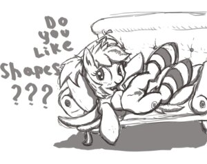 Rating: Questionable Score: 0 Tags: blush clothing cutie_mark dialogue directional_arrow e621 english_text equid equine female footwear furniture greyscale hair hasbro hi_res legwear looking_away lying mammal monochrome my_little_pony mythological_creature mythological_equine mythology navel nude on_back pegasus pillow ponytail presenting question_mark reclining shirt simple_background sketch socks sofa solo tattoo text topwear unknown_artist wings User: bunchy7s