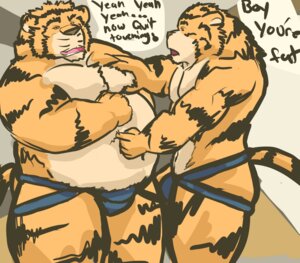 Rating: Safe Score: 0 Tags: anthro belly clothing dialogue duo e621 embarrassed english_text felid fur galvinwolf jockstrap male mammal orange_body orange_fur overweight pantherine poking tail text tiger underwear User: bunchy7s