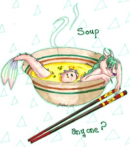 Rating: Safe Score: 0 Tags: ambiguous_gender anthro aquatic chopsticks e621 feragator fin food fur green_hair hair horn iko ikorane mir partially_submerged pink_body pink_fur solo soup tail User: bunchy7s