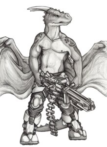 Rating: Safe Score: 0 Tags: anthro armor clothed clothing dragon drakien e621 gun male membrane_(anatomy) membranous_wings monochrome mythological_creature mythological_scalie mythology nerf ranged_weapon ryoken scalie solo tail topless weapon wings User: bunchy7s