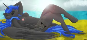 Rating: Questionable Score: 0 Tags: absurd_res anthro anthrofied areola artknorke beach biped black_body black_fur blue_hair breasts cloud crossed_legs cutie_mark e621 equid equine eyes_closed fan_character feathered_wings feathers female fur hair hasbro hi_res horn lens_flare lying mammal my_little_pony mythological_creature mythological_equine mythology navel nipples nude on_back outside seaside shaded shadow sky smile solo winged_unicorn wings User: bunchy7s