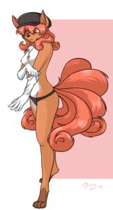 Rating: Questionable Score: 0 Tags: 4_toes abstract_background amber_eyes anthro anthrofied belly biped breasts canid canine chest_tuft clothed clothing cosplay digitigrade dressing e621 feet female fur generation_1_pokemon gloves hair handwear hat headgear headwear looking_down mammal mingchee multi_tail nintendo nipples orange_body orange_fur panties patty_(mingchee) pokemon pokemon_(species) pokemorph red_hair small_breasts solo standing tail team_rocket toes topless tuft underwear vulpix white_belly white_body white_fur User: bunchy7s