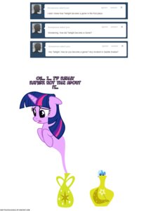 Rating: Safe Score: 0 Tags: 2013 3:4 alternate_species blue_body blue_fur bottle container dialogue duo e621 english_text equid equine female friendship_is_magic fur genie hair hasbro hi_res horn mammal multicolored_hair my_little_pony mythological_creature mythological_equine mythology navitaserussirus purple_body purple_eyes purple_fur purple_hair simple_background text trixie_(mlp) tumblr twilight_sparkle_(mlp) two_tone_hair unicorn url white_background User: bunchy7s