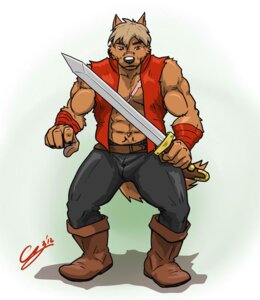 Rating: Safe Score: 0 Tags: 2012 abs anthro athletic bandage belt biceps biped black_nose boots bottomwear brown_body brown_fur brown_hair canid canine canis chestnuts_(artist) claws clothed clothing e621 footwear fur hair holding_melee_weapon holding_object holding_sword holding_weapon jaryl_(character) looking_at_viewer male mammal melee_weapon muscular muscular_anthro open_clothing open_shirt open_topwear pants pecs pose red_eyes scar shirt shoes solo standing sword topwear torn_clothing vest weapon wolf User: bunchy7s