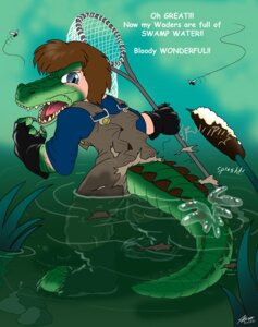 Rating: Safe Score: 0 Tags: 2012 alligator alligatorid ambient_arthropod ambient_fly ambient_insect ambiguous_gender angry anthro arthropod boots bottomwear catmonkshiro claws clothing crocodilian detailed_background digital_media_(artwork) e621 fishing_net fly_(animal) footwear full-length_portrait gloves handwear hi_res insect net outside overalls pants partially_submerged portrait reptile rock rubber_boots scales scalie shoes solo swamp tail teeth torn_clothing transformation water User: bunchy7s