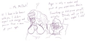 Rating: Questionable Score: 0 Tags: anatid anseriform anthro armpit_hair avian bentina_beakley bird bodily_fluids body_hair disney duck ducktales ducktales_(1987) duo e621 elderly english_text eyewear female glasses male monochrome overweight overweight_female scrooge_mcduck slightly_chubby small_glasses sweat text timoteihiv User: bunchy7s