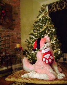 Rating: Safe Score: 0 Tags: animal_skin canid canine canis christmas clothing costume domestic_dog e621 fur fursuit grandfathered_content hair holidays male mammal paws photography_(artwork) pink_body pink_fur pink_hair plant pose real solo tree unknown_artist wood User: bunchy7s