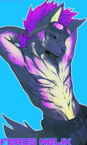 Rating: Safe Score: 0 Tags: 3:5 anthro athletic athletic_anthro athletic_male belt clothed clothing e621 eyewear goggles hair hi_res hyena male mammal multicolored_hair purple_eyes purple_hair rickenbacker simple_background solo striped_hyena tail topless two_tone_hair User: bunchy7s