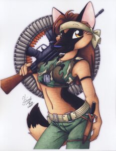 Rating: Safe Score: 0 Tags: 2004 absurd_res accessory ammunition anthro assault_rifle belt biped bottomwear brown_hair camo camo_print canid canine canis clothing dog_tags domestic_dog e621 eyebrows female german_shepherd gun hair headband herding_dog hi_res holding_gun holding_object holding_ranged_weapon holding_weapon knife long_hair looking_aside looking_away mammal michele_light midriff military pants pastoral_dog pinup portrait pose ranged_weapon rifle signature simple_background smile solo standing tail three-quarter_portrait three-quarter_view traditional_media_(artwork) weapon white_background yellow_eyes User: bunchy7s
