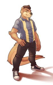 Rating: Safe Score: 0 Tags: 5_fingers anthro biped bottomwear brown_body brown_fur brown_hair clothed clothing e621 fingers footwear full-length_portrait fully_clothed fur hair hand_on_hip looking_at_viewer male mammal mustelid orangetavi otter pants portrait shirt shoes short_hair simple_background smile sneakers solo standing topwear whiskers white_background User: bunchy7s