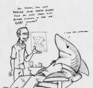 Rating: Safe Score: 0 Tags: anthro aquatic dentist dialogue duo e621 english_text fish gills greyscale hi_res human humor joke male mammal monochrome robthedoodler shark sink sketch smile teeth text User: bunchy7s