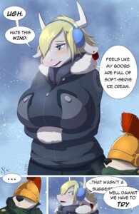 Rating: Safe Score: 0 Tags: 2014 anthro armor big_breasts black_nose blonde_hair blue_eyes blush bottomwear bovid bovine breasts canid canine cattle clothing cold comic covered_eyes dairy_cattle dialogue duo e621 ear_piercing earmuffs english_text female fox fur fur_trim_(clothing) grey_body grey_skin hair headgear helmet holstein_friesian_cattle horn humor jacket littlenapoleon littlenapoleon_(character) looking_down male mammal megamilk_(character) open_mouth outside pants piercing short_hair snow snowing speech_bubble standing text topwear white_body white_fur winter User: bunchy7s