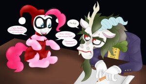 Rating: Safe Score: 0 Tags: 2012 antlers batman_(series) blackbewhite2k7 blue_eyes chimera clothing crossover dc_comics discord_(mlp) draconequus duo e621 earth_pony english_text equid equine female feral fool's_hat friendship_is_magic fur hair harley_quinn hasbro hat headgear headwear hi_res horn horse mad_love male mammal my_little_pony parody pink_body pink_fur pink_hair pinkie_pie_(mlp) pony red_eyes tail text the_joker User: bunchy7s