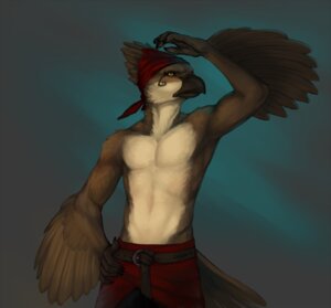 Rating: Safe Score: 0 Tags: 2012 abs accipitrid accipitriform anthro athletic athletic_anthro athletic_male avian beak belt biceps biped bird bottomwear brown_body brown_feathers carat claws clothed clothing cynso e621 facial_markings feathered_wings feathers flexing head_markings kerchief male markings pants pecs pose simple_background solo standing tattoo topless white_body wings yellow_eyes User: bunchy7s