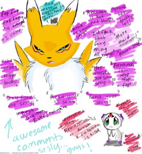 Rating: Questionable Score: 0 Tags: ambiguous_gender angry annoyed anthro artist_name bandai_namco black_sclera calumon canid canine dialogue digimon digimon_(species) duo e621 english_text facial_markings female forehead_markings fur head_markings mammal markings profanity renamon renatwo symbol text white_body white_fur yellow_body yellow_fur zero_unit User: bunchy7s