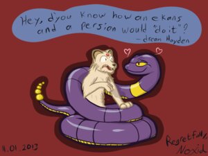 Rating: Safe Score: 0 Tags: 2013 4:3 ambiguous_gender coiling duo e621 ekans english_text felid feral forced generation_1_pokemon heart_symbol mammal nintendo noxid persian_(pokemon) pokemon pokemon_(species) rattle_(anatomy) suggestive text what User: bunchy7s