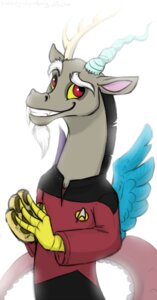 Rating: Safe Score: 0 Tags: 2012 antlers badge beard black_hair blue_body blue_feathers chimera discord_(mlp) draconequus e621 eyebrows facial_hair fangs feathered_wings feathers friendship_is_magic hair hands_together hasbro hi_res horn male membrane_(anatomy) membranous_wings my_little_pony q_(star_trek) raised_eyebrow red_eyes smile solo spiggy-the-cat star_trek star_trek_the_next_generation teeth white_hair wings User: bunchy7s