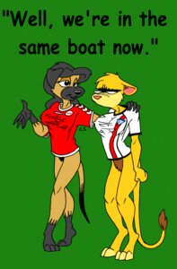 Rating: Questionable Score: 0 Tags: anthro bottomless canid canine canis chief_inquisitor clothed clothing domestic_dog duo e621 english_text felid female lion mammal pantherine soccer sport tail text User: bunchy7s