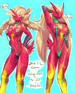 Rating: Questionable Score: 0 Tags: anthro areola avian bird blaziken blue_eyes breasts clothed clothing duo e621 english_text female generation_3_pokemon green_sling_bikini ineffective_clothing nintendo nipple_piercing nipples non-mammal_breasts non-mammal_nipples one-piece_swimsuit piercing pokemon pokemon_(species) pose red_body sasamix scuted_arms scuted_hands scutes silver_nipple_barbell simple_background skimpy sling_bikini standing swimwear text yellow_sclera User: bunchy7s