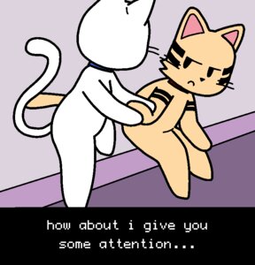 Rating: Safe Score: 0 Tags: anthro collar dialogue domestic_cat duo e621 english_text felid feline felis jeff_(pronista) male mammal pronista sam_(pronista) text User: bunchy7s