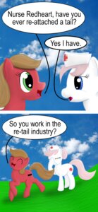 Rating: Safe Score: 0 Tags: 2012 ask_nurse_redheart ask_pun blue_eyes brown_hair clothing comic cutie_mark dialogue duo e621 earth_pony english_text equid equine facepalm fan_character female feral friendship_is_magic green_hair hair hasbro hat headgear headwear horse humor mammal medical my_little_pony nurse nurse_redheart_(mlp) outside pink_hair pony pun pun_pony quadruped red_cross tail text tumblr unknown_artist User: bunchy7s