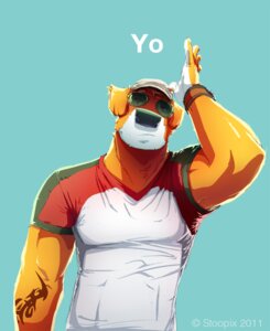 Rating: Safe Score: 0 Tags: 2011 5_fingers anthro blue_background canid canine canis clothed clothing domestic_dog e621 eyewear fingers front_view fur greeting hat headgear headwear looking_at_viewer male mammal orange_body orange_fur shirt simple_background solo stoopix sunglasses t-shirt tattoo text topwear white_body white_fur User: bunchy7s