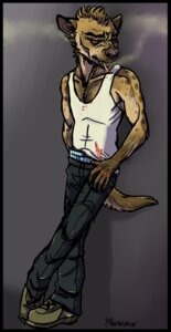 Rating: Safe Score: 0 Tags: aeryn_o anthro biped blood bodily_fluids cigarette clothing e621 hi_res hyena male mammal simple_background smoke smoking solo spotted_hyena standing underwear User: bunchy7s
