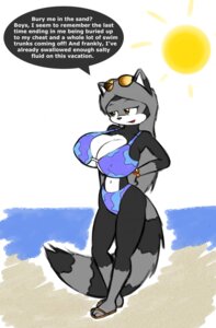 Rating: Questionable Score: 0 Tags: anthro beach big_breasts bikini breasts clothed clothing detailed_background e621 english_text eyewear female footwear grey_hair hair huge_breasts mammal nipple_outline noriko_takahashi norithics outside procyonid raccoon sand sandals seaside shoes skimpy sky solo sunglasses swimwear tail text tight_clothing two-piece_swimsuit User: bunchy7s