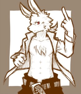 Rating: Safe Score: 0 Tags: anthro belt bottomwear chest_tuft clothing e621 fur gesture hand_gesture lagomorph leporid male mammal middle_finger otoutama pants rabbit red_eyes solo tuft User: bunchy7s