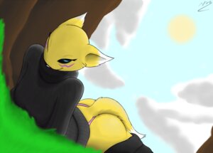 Rating: Questionable Score: 0 Tags: anthro bandai_namco biped black_sclera bottomwear bottomwear_down breasts butt canid canine clothed clothing cloud digimon digimon_(species) dipstick_tail e621 female fur lying mammal markings on_front one_eye_closed outside pants pants_down partially_clothed perspective renabu renamon sky solo sweater tail tail_markings thong topwear turtleneck underwear white_body white_fur wink yellow_body yellow_fur User: bunchy7s