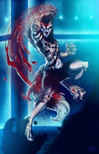 Rating: Questionable Score: 0 Tags: action_pose black_body black_fur black_hair blood blue_eyes bodily_fluids canid canine duo e621 fur hair inkfall male mammal muscular pose serbaka vez_(anpumes) white_body white_fur User: bunchy7s