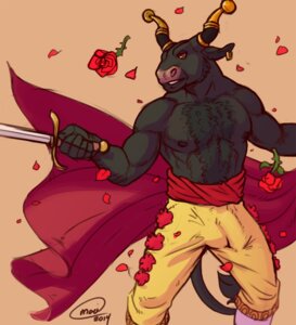 Rating: Explicit Score: 0 Tags: abs anthro biceps biped black_body black_fur black_nipples bottomwear bovid bovine bulge bullfighter cattle chest_tuft clothed clothing corrida detailed_bulge e621 ear_piercing flower fur genital_outline hairy holding_melee_weapon holding_object holding_sword holding_weapon horn male mammal mariart melee_weapon muscular muscular_anthro muscular_male nipples orange_eyes pants pecs penis_outline piercing plant pose rose_(flower) sash solo spanish_fighting_bull standing sword teeth topless tuft weapon User: bunchy7s