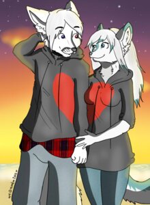 Rating: Safe Score: 0 Tags: 2012 anthro blue_eyes bottomwear breasts canid canine canis clothing collar duo e621 female fur green_body green_fur heart_symbol heterochromia hoodie leggings legwear ly-ulf male mammal matching_outfits pants plaid red_eyes saetia saya_darkmoon sunset tail topwear wolf User: bunchy7s