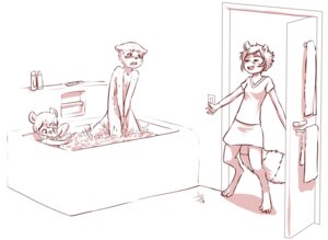 Rating: Questionable Score: 0 Tags: 2014 anthro aogami bath bathroom bathtub caught_in_the_act clothed clothed/nude clothed_female clothing covering covering_crotch covering_self e621 embarrassed female group hi_res male mammal monochrome nude procyonid raccoon red_and_white sketch water young young_anthro User: bunchy7s