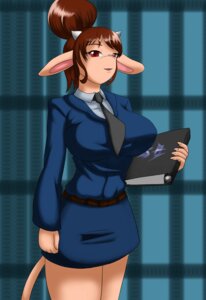 Rating: Safe Score: 0 Tags: 2008 accessory anthro big_breasts biped blue_bottomwear blue_clothing blue_skirt bottomwear bovid bovine breasts brown_hair business_suit businesswear cattle clothed clothing e621 eyewear female glasses hair hair_bun hi_res horn mammal necktie pattern_background ring_binder simple_background skirt smile solo speeds standing suit white_horn User: bunchy7s