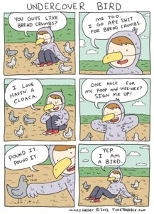 Rating: Safe Score: 0 Tags: 2012 avian bird clothing comic costume dialogue e621 english_text fursuit human male mammal mikey_heller sitting text url User: bunchy7s