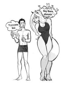Rating: Questionable Score: 0 Tags: 5_fingers anthro bare_shoulders barefoot big_breasts breasts canid canine choker cleavage clothed clothing collar dialogue dipstick_tail duo e621 english_text facial_markings feet female female_anthro fingers flirting fox greyscale hair hands_behind_back head_markings heart_symbol human humanoid jewelry larger_anthro larger_female long_hair looking_at_another male male_humanoid mammal markings monochrome nails navel necklace one-piece_swimsuit open_mouth plantigrade raised_arm short_hair shy simple_background size_difference sketch smaller_human smaller_male smile speech_bubble standing stuttering swimming_trunks swimwear tail tail_markings tall teeth text third-party_edit thought_bubble unknown_artist white_background wide_hips User: bunchy7s