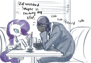 Rating: Safe Score: 0 Tags: beverage blue_eyes bodily_fluids clothed clothing crossover crying cutie_mark dialogue drinking_straw duo e621 english_text equid equine female feral friendship_is_magic fur furniture gloves hair handwear hasbro horn human inside male mammal mask milkshake multiversecafe my_little_pony mythological_creature mythological_equine mythology open_mouth purple_eyes purple_hair rarity_(mlp) spy_(team_fortress_2) suit table team_fortress_2 tears text unicorn valve valve_corporation white_body white_fur window User: bunchy7s
