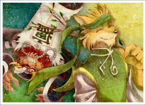 Rating: Safe Score: 0 Tags: 2010 5_fingers ajie-g-sketchbook anthro black_border border canid canine chinese_text duo e621 eyes_closed felid fingers fox lion male mammal pantherine red_eyes smile text translated white_border User: bunchy7s