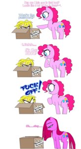 Rating: Questionable Score: 0 Tags: 2012 angry blue_eyes box box_fort bulging_eyes comic container cutie_mark dialogue duo e621 earth_pony english_text equid equine female friendship_is_magic fur hair hasbro hi_res horse human in_box in_container male mammal mean my_little_pony pink_body pink_fur pink_hair pinkamena_(mlp) pinkie_pie_(mlp) pony profanity simple_background tail text tyrranux User: bunchy7s
