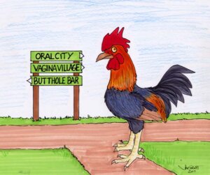 Rating: Safe Score: 0 Tags: 2011 avian avian_caruncle beak bird chicken cock_goes_where comb_(anatomy) dewlap_(anatomy) e621 english_text feathers feral galliform head_crest humor innuendo looking_at_viewer male phasianid pun rabbi-tom solo text visual_pun wattle User: bunchy7s