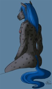 Rating: Questionable Score: 0 Tags: 2007 anthro biped blue_hair butt e621 equid equine hair horse long_hair male mammal mariart nipples nude rhaen sitting solo spots tail User: bunchy7s