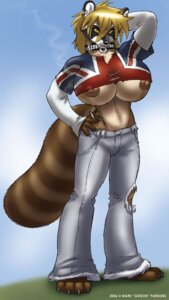 Rating: Questionable Score: 0 Tags: anthro big_breasts blonde_hair bottomwear breasts cigarette clothed clothing collar denim denim_bottomwear denim_clothing digital_media_(artwork) e621 feet female gideon hair hi_res huge_breasts jeans looking_at_viewer mammal nipple_slip nipples pants procyonid raccoon smoking solo tail thong thong_straps underwear union_jack User: bunchy7s