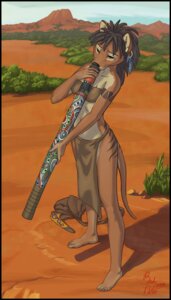 Rating: Safe Score: 0 Tags: 2009 5_toes aboriginal arm_markings australia bandeau barefoot black_hair boomerang bottomwear bradydalton clothed clothing crotch_apron dasyuromorph detailed_background didgeridoo dreadlocks e621 ear_piercing feet female hair humanoid_feet kateena_taworii loincloth mammal markings marsupial moldred music musical_instrument native orange_eyes outback outside patterns piercing plantigrade playing_music recently_extinct_species sky solo space_furries_(comic) tail tattoo thylacine toes topwear tribal tribal_tattoo wind_instrument User: bunchy7s
